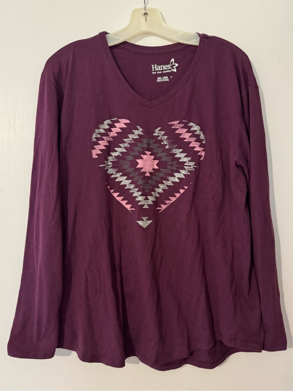 Hanes Plum Long Sleeve V-Neck Tee with Geometric Heart